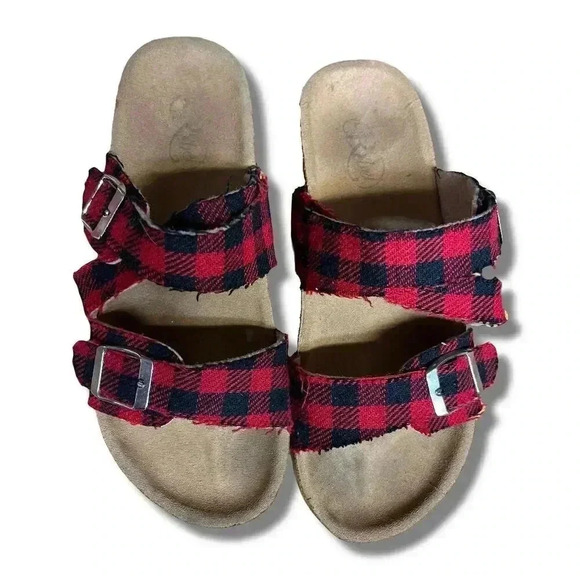 Rebel Buffalo Plaid Slide Sandals Adjustable Buckles Comfort Footbed Size 7 - Picture 2 of 7